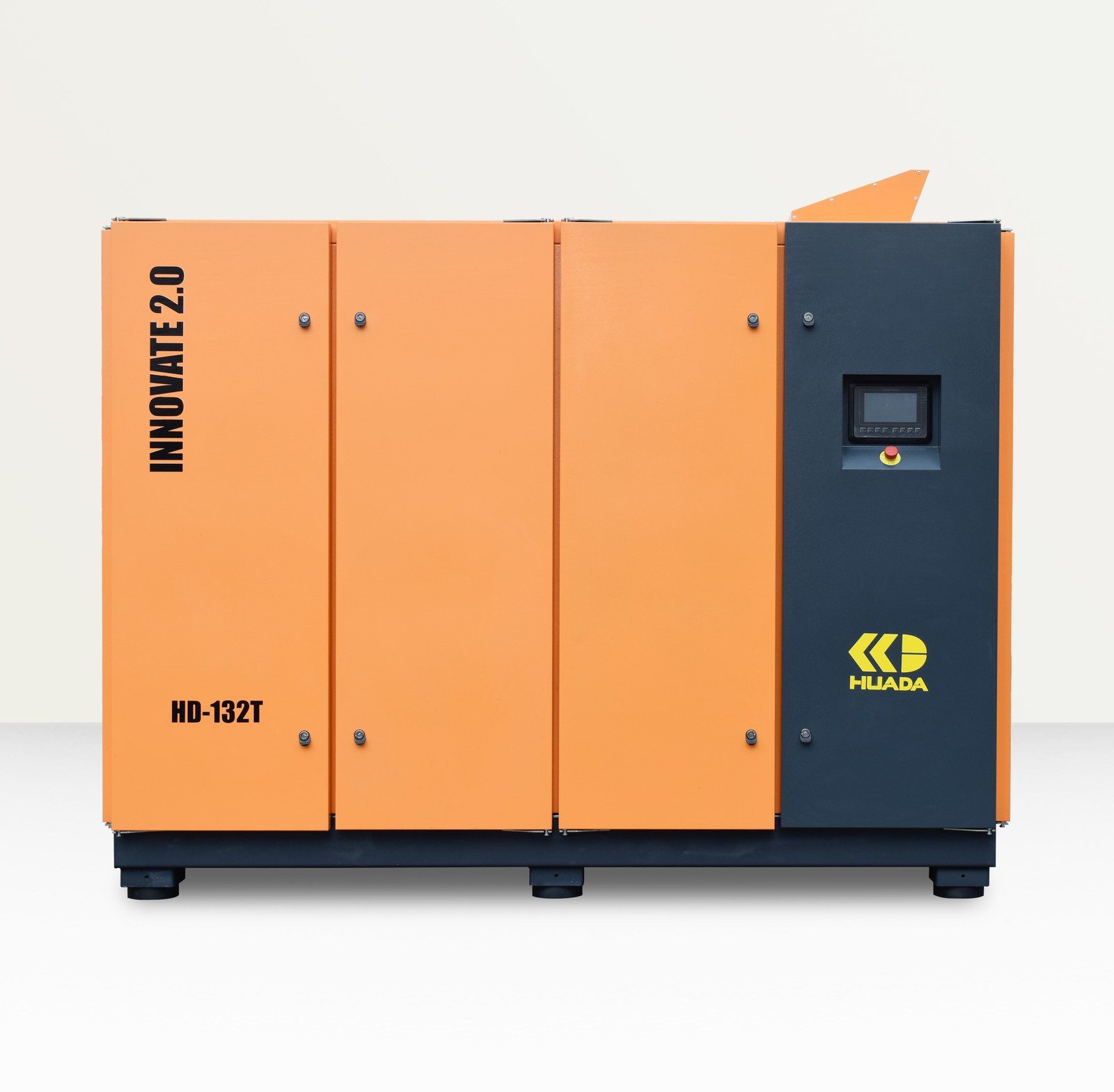 HUADA HD-132T two-stage permanent magnet screw air compressor, orange cabinet with HUADA logo on the dark control section