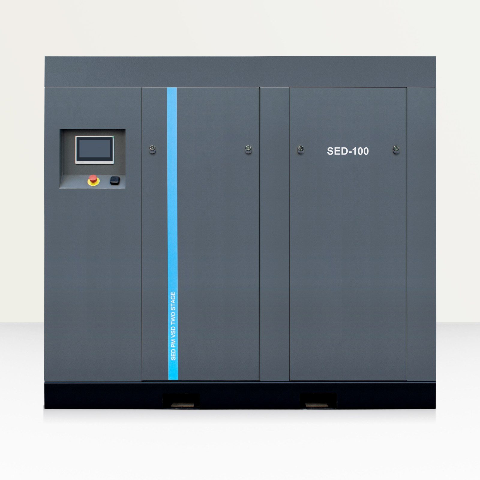 HUADA SED-100 two-stage permanent magnet variable-speed screw air compressor, grey cabinet with blue stripe and touch screen