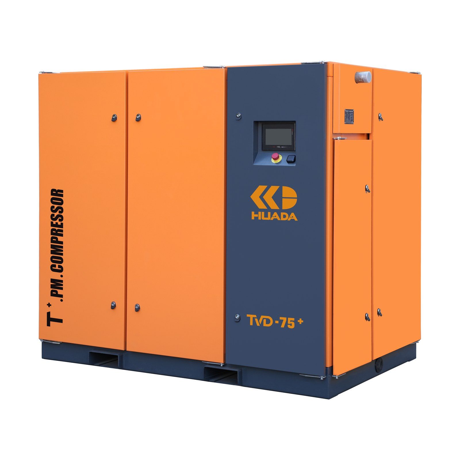 HUADA TVD-75+ two-stage permanent magnet screw air compressor, orange cabinet with dark control section and HUADA logo